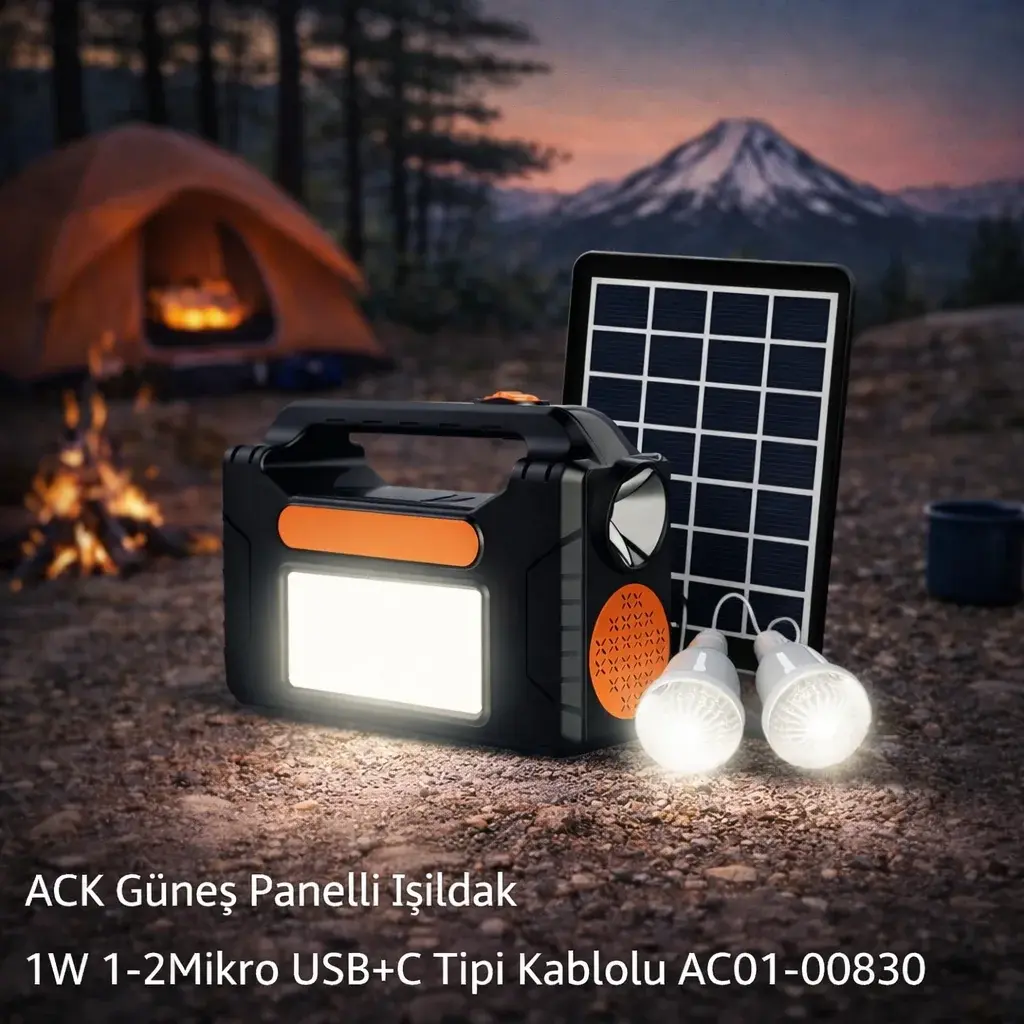 ACK Güneş Panelli Işıldak 1W 1-2Mikro Usb+C Tipi Kablolu AC01-00830 en uygun fiyatlı satıcı