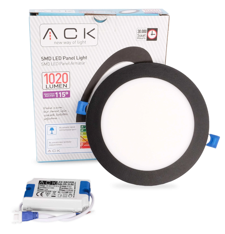 ACK 12W Siyah 6500K Sıva Altı Yuvarlak Led Panel AP01-01231 en uygun fiyatlı satıcı