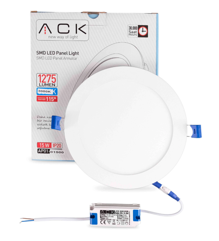 ACK 15W Beyaz 3000K Sıva Altı Yuvarlak Led Panel AP01-01500 en uygun fiyatlı satıcı