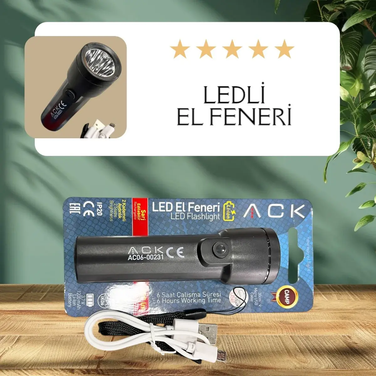 ACK Led Fener 1W Siyah Gövde 30Cm Mikro Usb Kablolu AC06-00231 en uygun fiyatlı satıcı