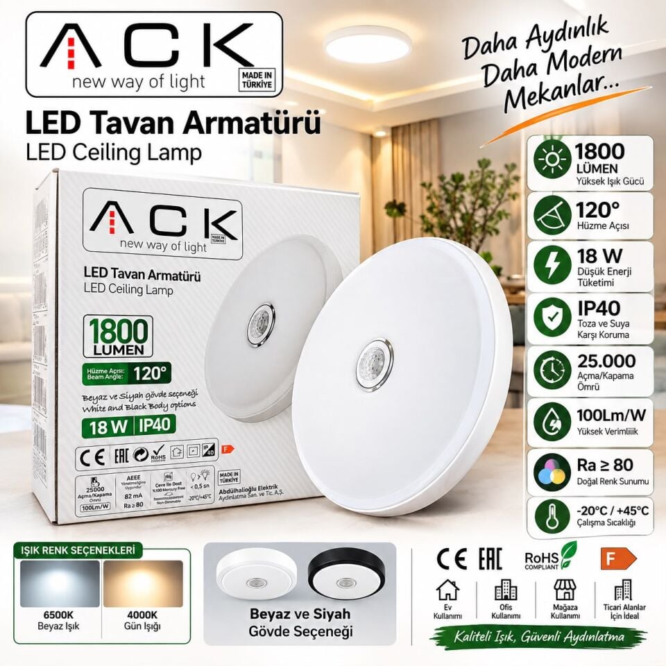 ACK 18W 6500K  Sensorlu Led Tavan Armaturu Acil Kitli AC18-00130