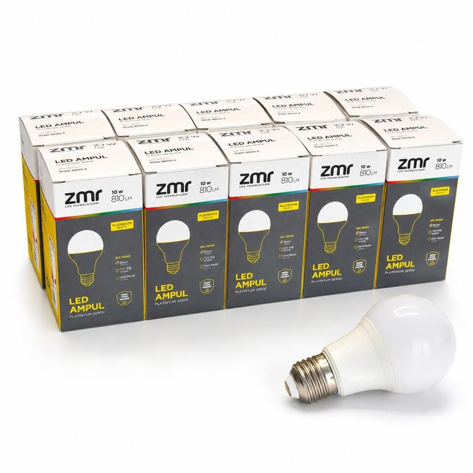 ZMR 10W Led Ampul E27  6500K Beyaz A60 Led Ampul 10 Lu Paket