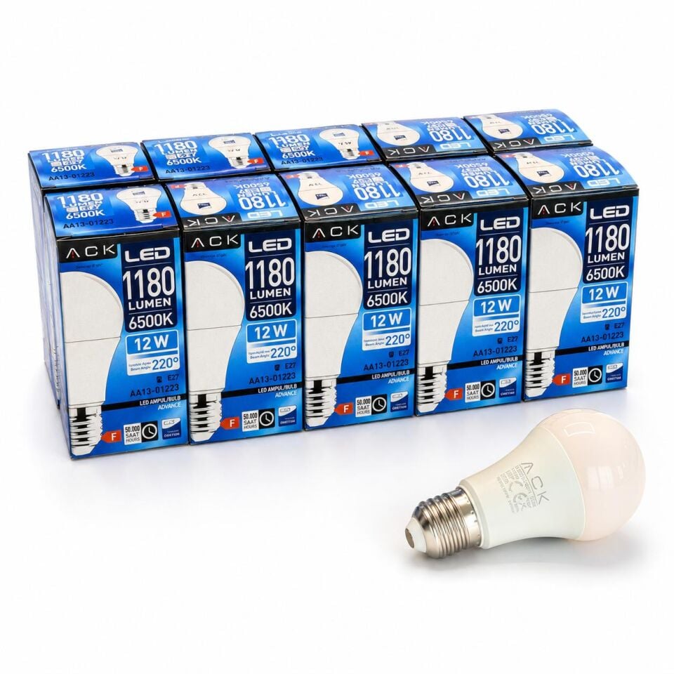 ACK 12W 220-240V E27 6500K A60 Led Ampul AA13-01223 10 lu Paket