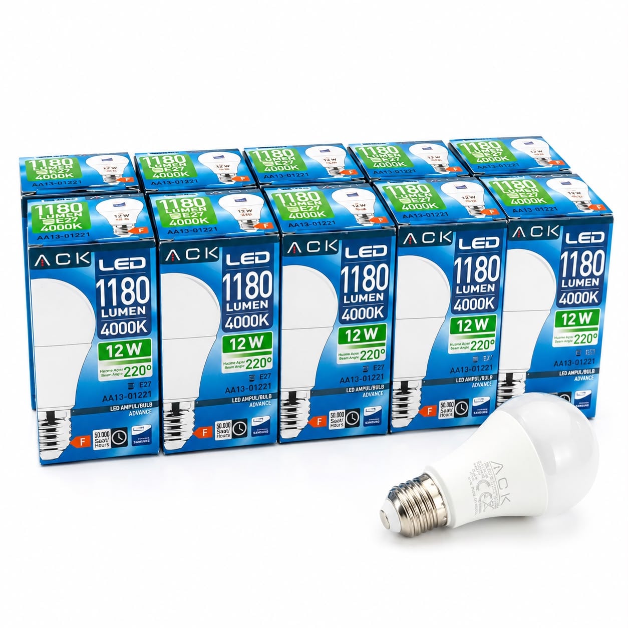 ACK 12W 220-240V E27 4000K A60 Led Ampul AA13-01221 10 lu Paket