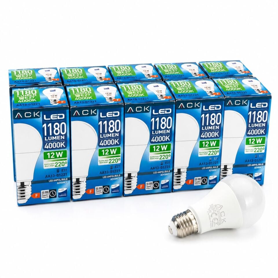 ACK 12W 220-240V E27 4000K A60 Led Ampul AA13-01221 10 lu Paket