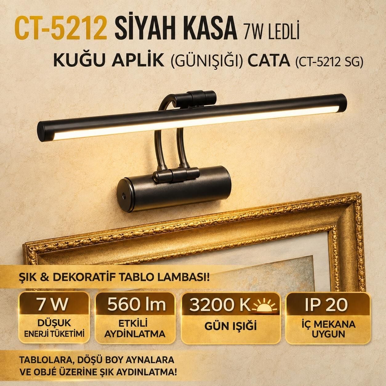 Cata Kugu Resim Banyo Aplik Siyah Kasa Beyaz Isik