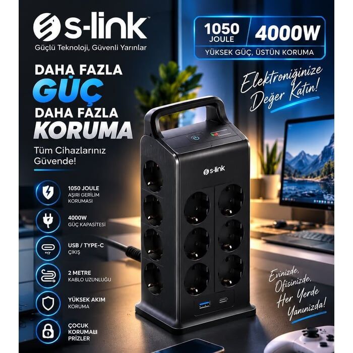 S-Link Prz02 Voltbar 12 Soketli 2*Usb+Type-C PdHizli Sarjli 2M 1050 Joule Tam Bakir Kablolu Kule AkimKoruma Grup Priz