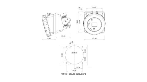 Bemis  5/160A. 45° Eğik Makine Priz IP67 BC1-8505-7420