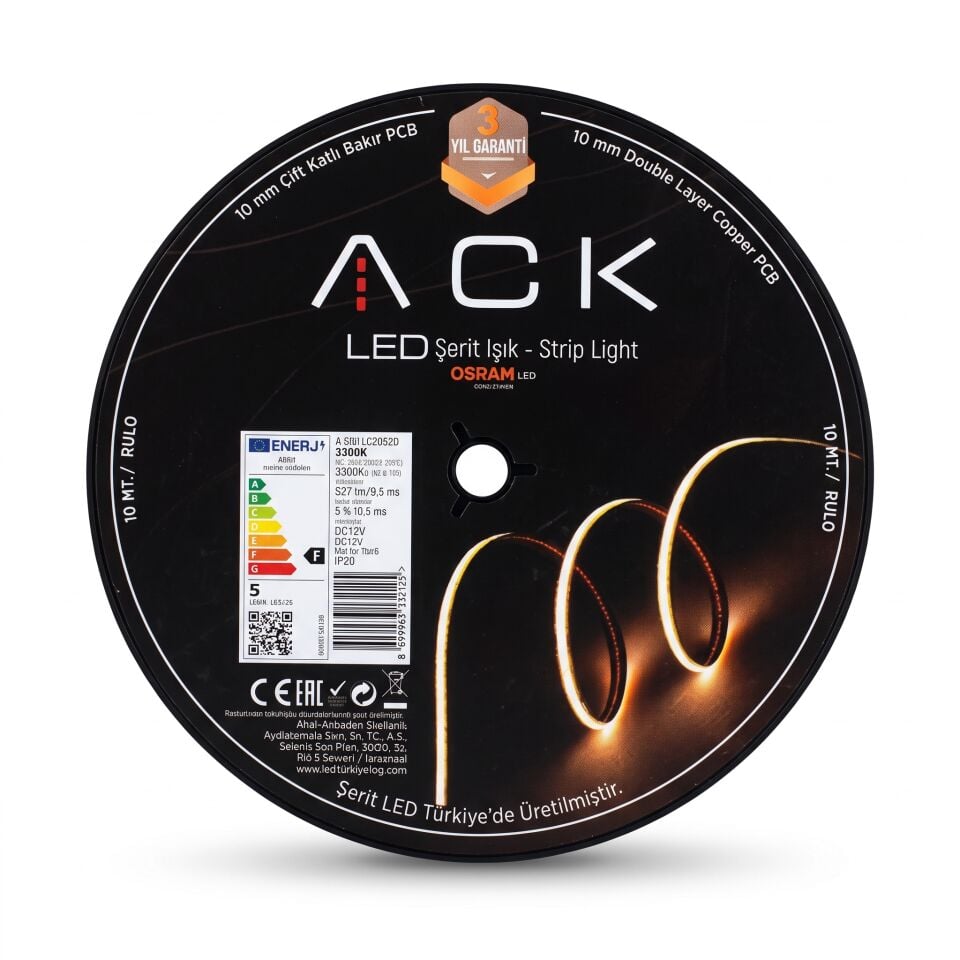 ACK AS01-00600 Serit Led 10Mm Çift Katli Bakir Pcb 3000K 120Led 12V Ip20