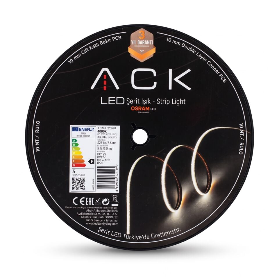 ACK AS01-00601 Serit Led 10Mm Çift Katli Bakir Pcb 4000K 120Led 12V Ip20