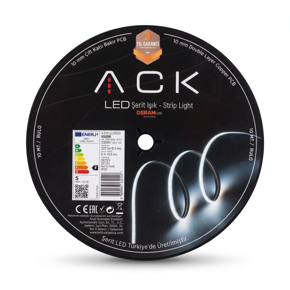 ACK AS01-00603 Serit Led 10Mm Çift Katli Bakir Pcb 6500K 120Led 12V Ip20