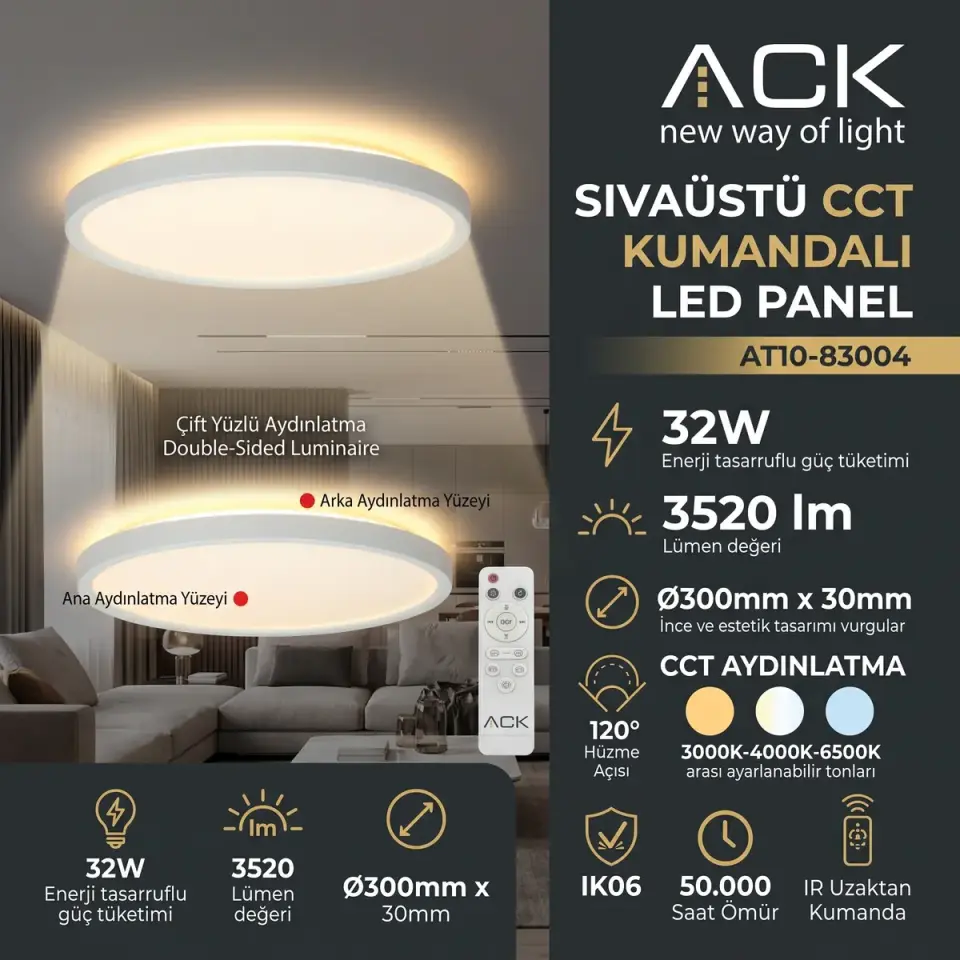 ACK AT10-83004 Çift Yüzlü Yuvarlak Beyaz Panel Cct 32W