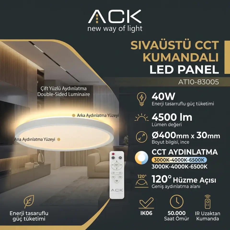 ACK AT10-83005 Çift Yüzlü Yuvarlak Beyaz Panel Cct 40W