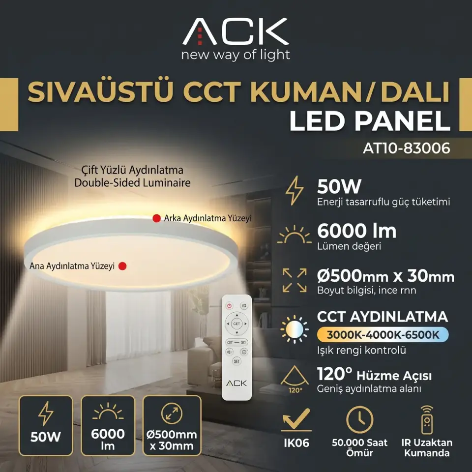 ACK AT10-83006 Çift Yüzlü Yuvarlak Beyaz Panel Cct 50W