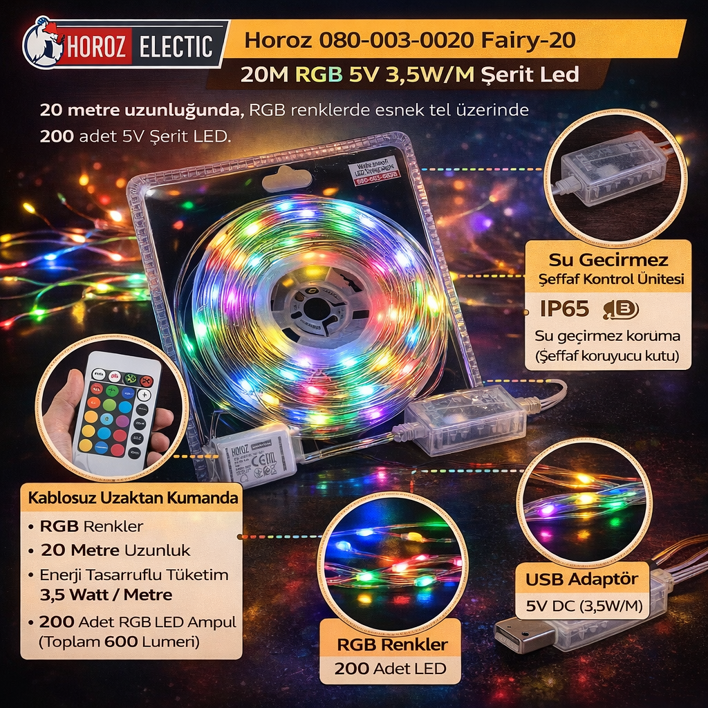 Horoz 080-003-0020 Fairy-20 20M Rgb 5V 3,5W/M Serit Led