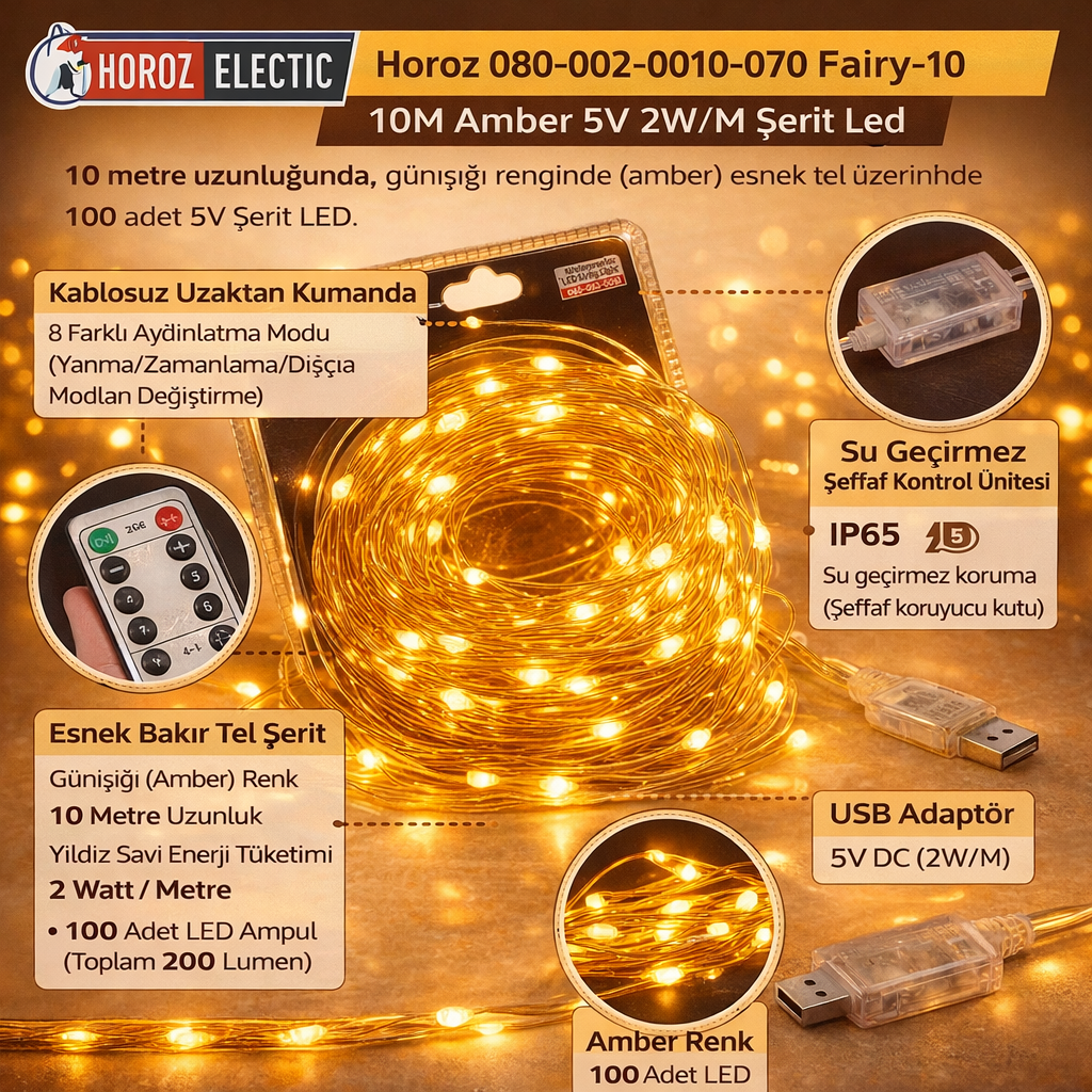 Horoz 080-002-0010-070 Fairy-10 10M Amber 5V 2W/M Serit Led