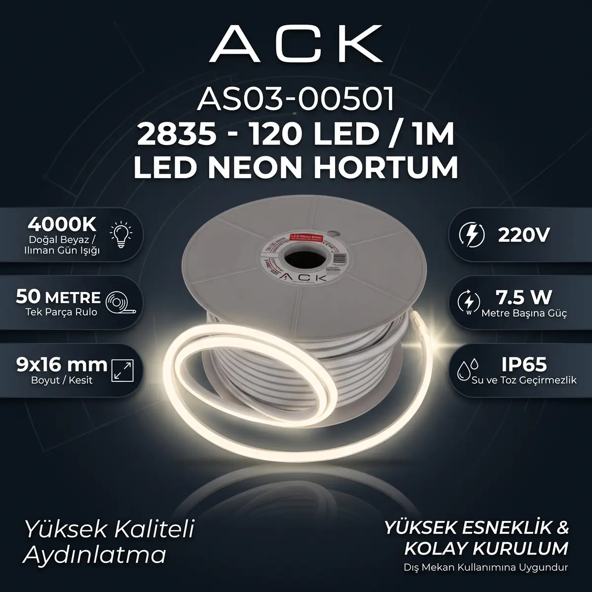 ACK AS03-00501 2835-120Led/1M-7,5W, 220V,  4000K, Ip65, 9X16Mm Led Neon Hortum