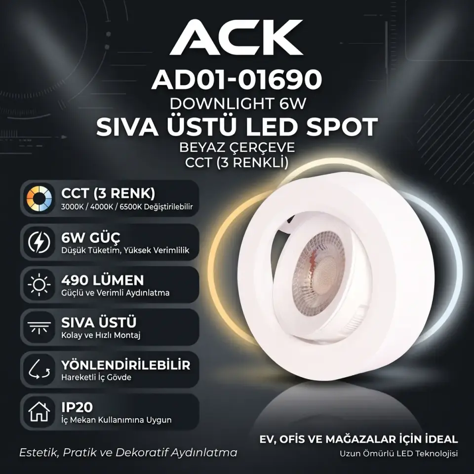 ACK AD01-01690 Downlight 6W Beyaz Çerçeve Cct Ip20 Siva Üstü