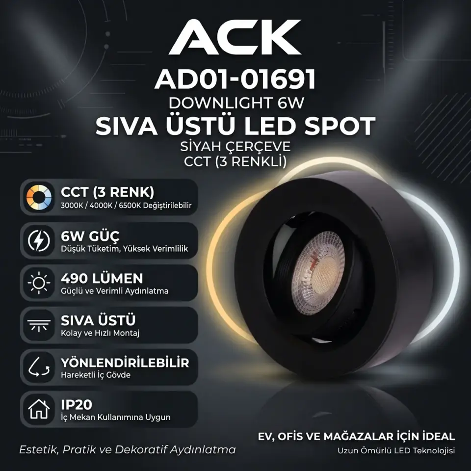 ACK AD01-01691 Downlight 6W Siyah Çerçeve Cct Ip20 Siva Üstü