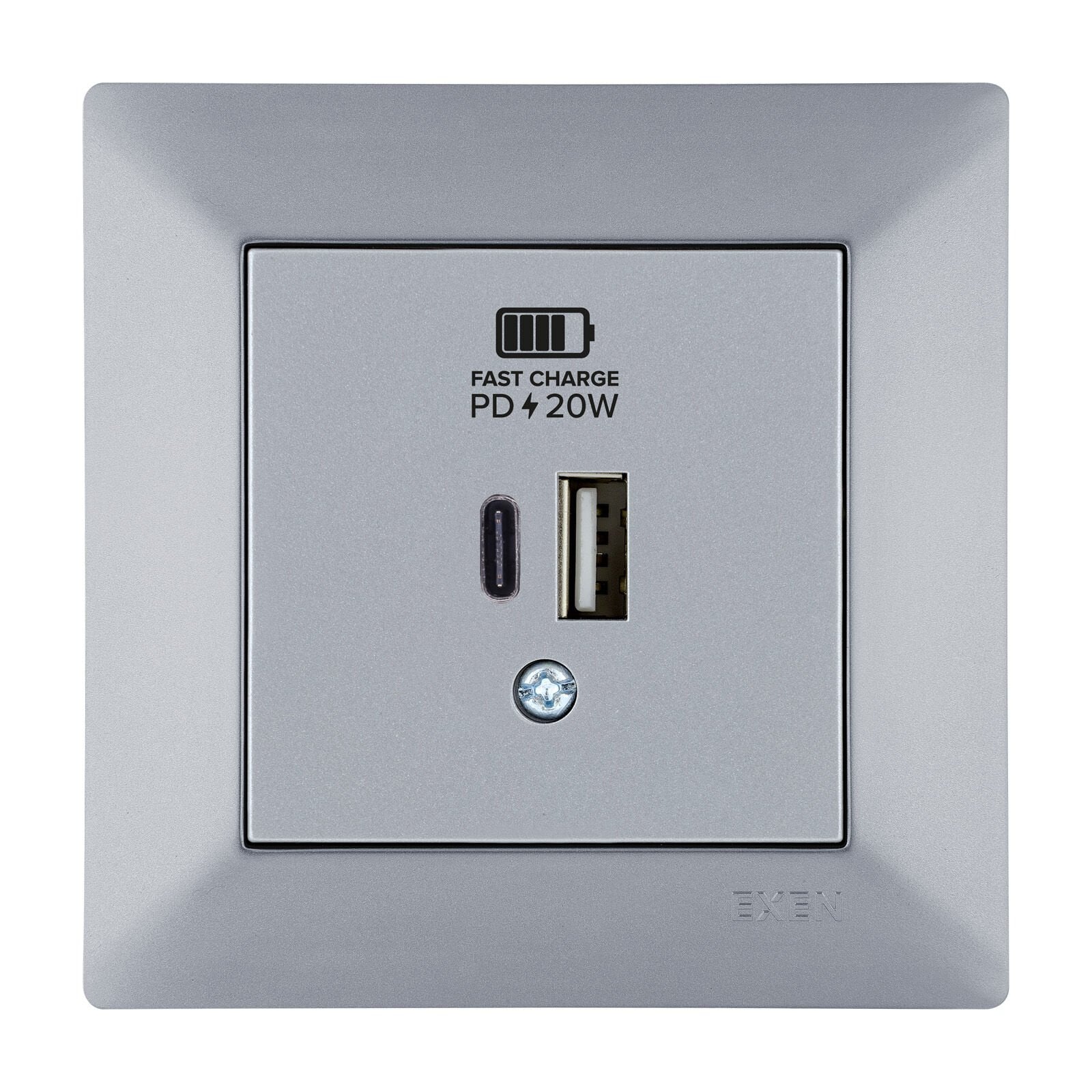 Exen Odak Gümüs 2X Usb Sarj Prizi Type-C + Type-A Komple Takim