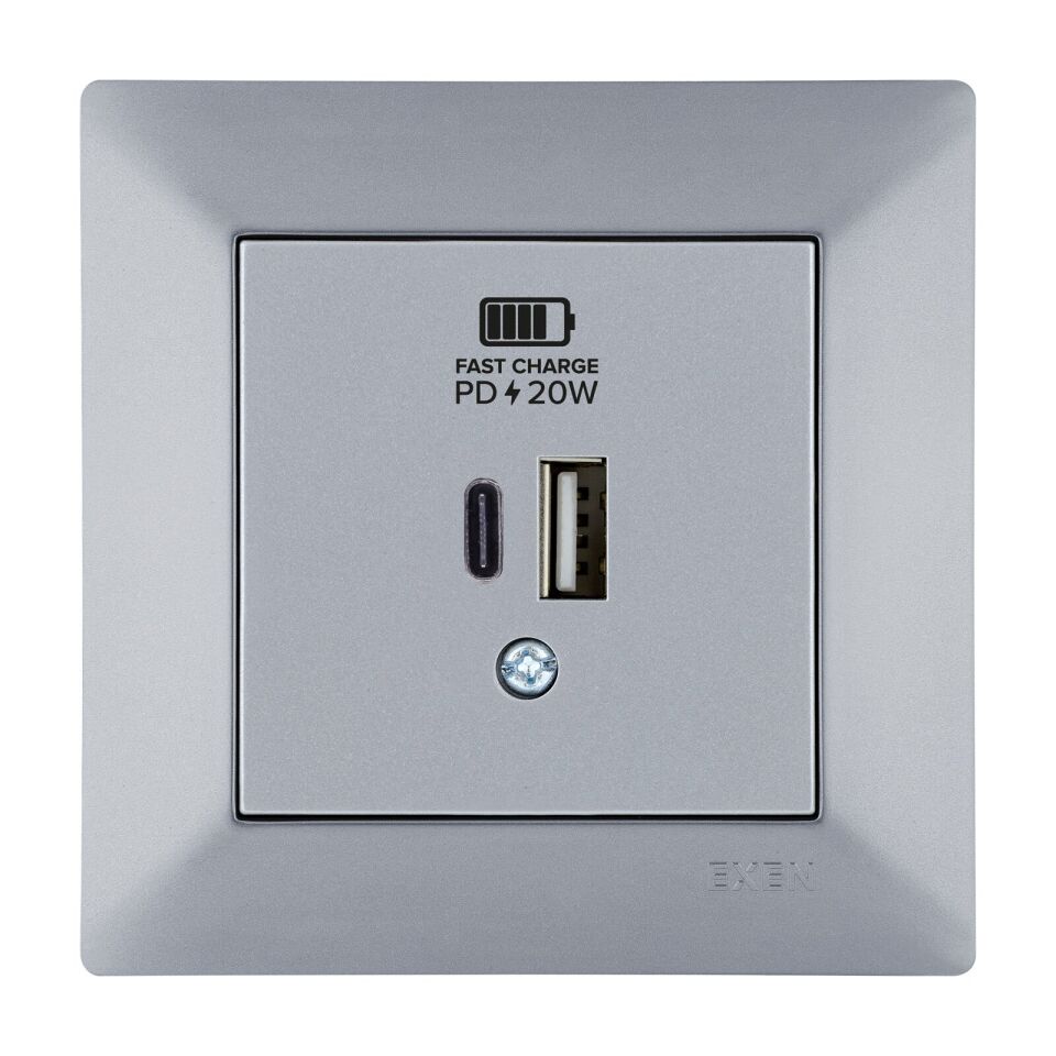 Exen Odak Gümüs 2X Usb Sarj Prizi Type-C + Type-A Komple Takim