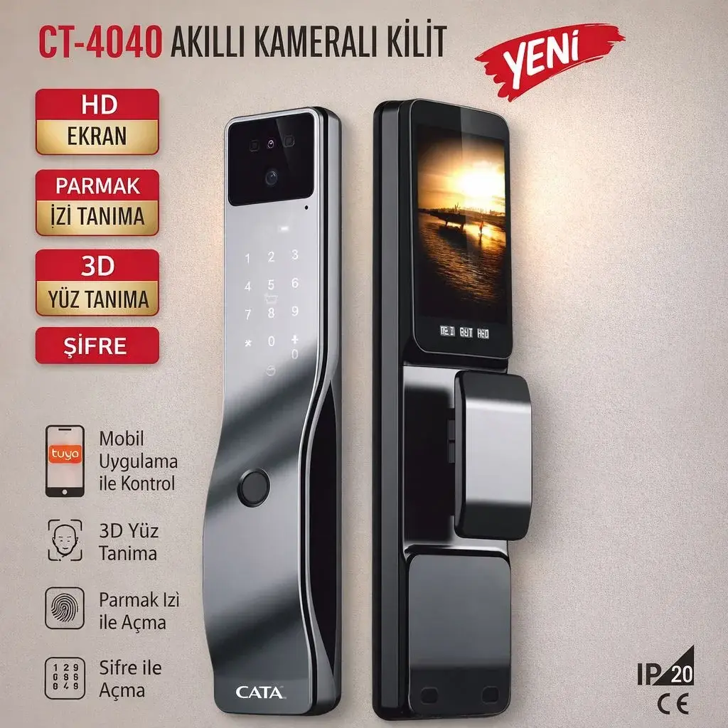 CATA CT-4040 Akıllı Kameralı Kilit Hd Ekran 3D Yüz Tanımalı Parmak İzi Tanımalı
