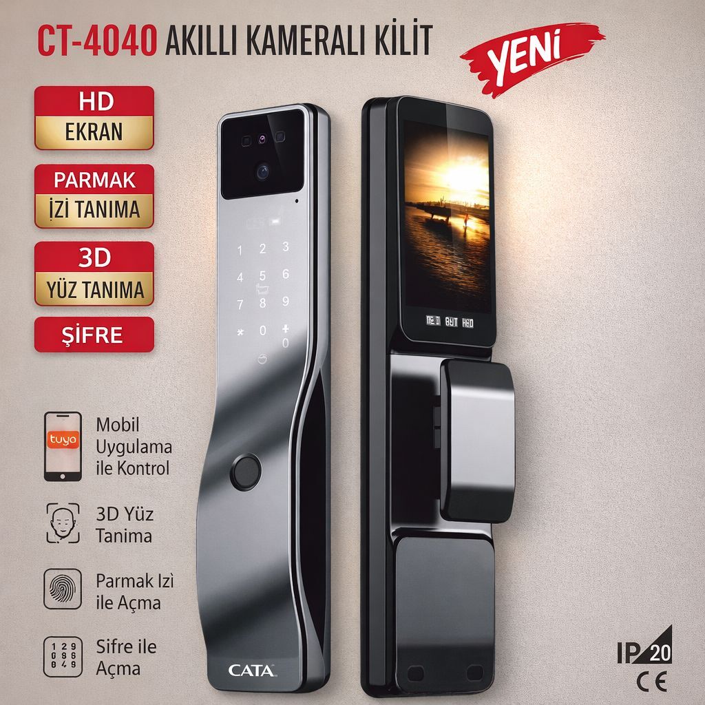 CATA CT-4040 Akıllı Kameralı Kilit Hd Ekran 3D Yüz Tanımalı Parmak İzi Tanımalı