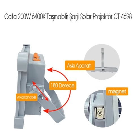 Cata 200W 6400K Taşınabilir Şarjlı Solar Projektör CT-4698