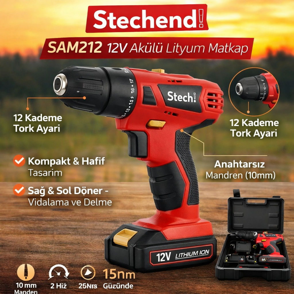 Sx Sam212 12V Stechend Akülü Lityum Matkap