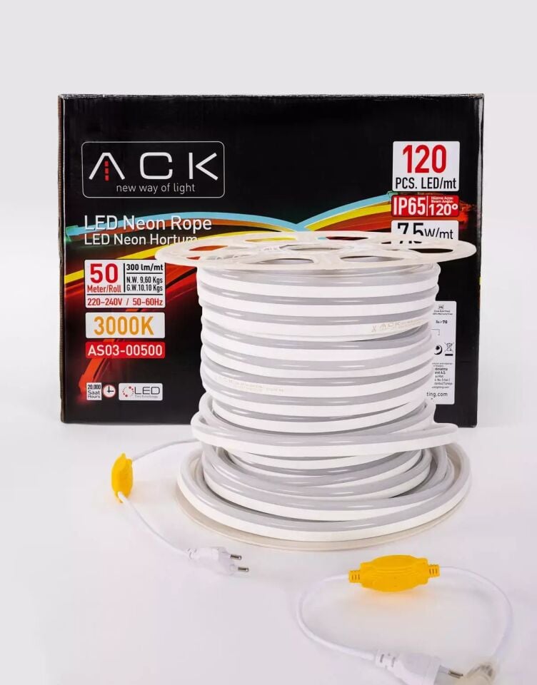 ACK  Led Neon Hortum 2835-120Led/1M-7,5W, 220V,  3000K, Ip65, 9X16Mm Led Neon Hortum AS03-00500