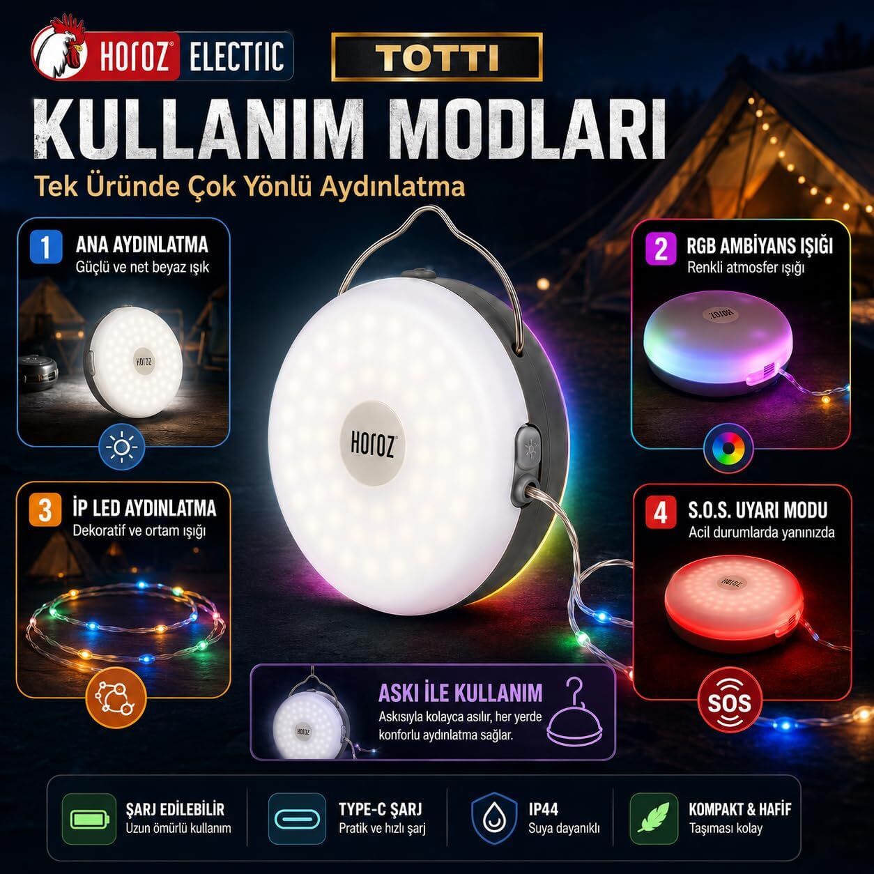 Horoz 084-050-0002 Totti 6400 + Rgb Taşınabilir Şarjlı Kamp Feneri