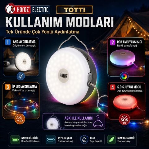Horoz 084-050-0002 Totti 6400 + Rgb Taşınabilir Şarjlı Kamp Feneri