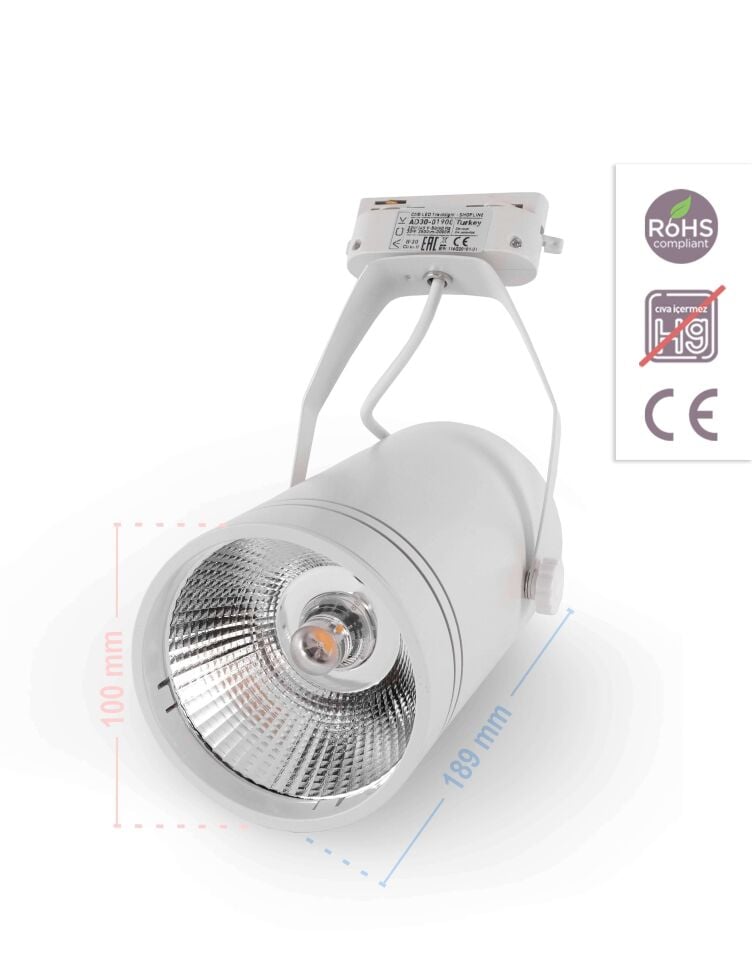 ACK 30W Beyaz 3000K Cob Led Monofaze Ray Armatürü AD30-01900
