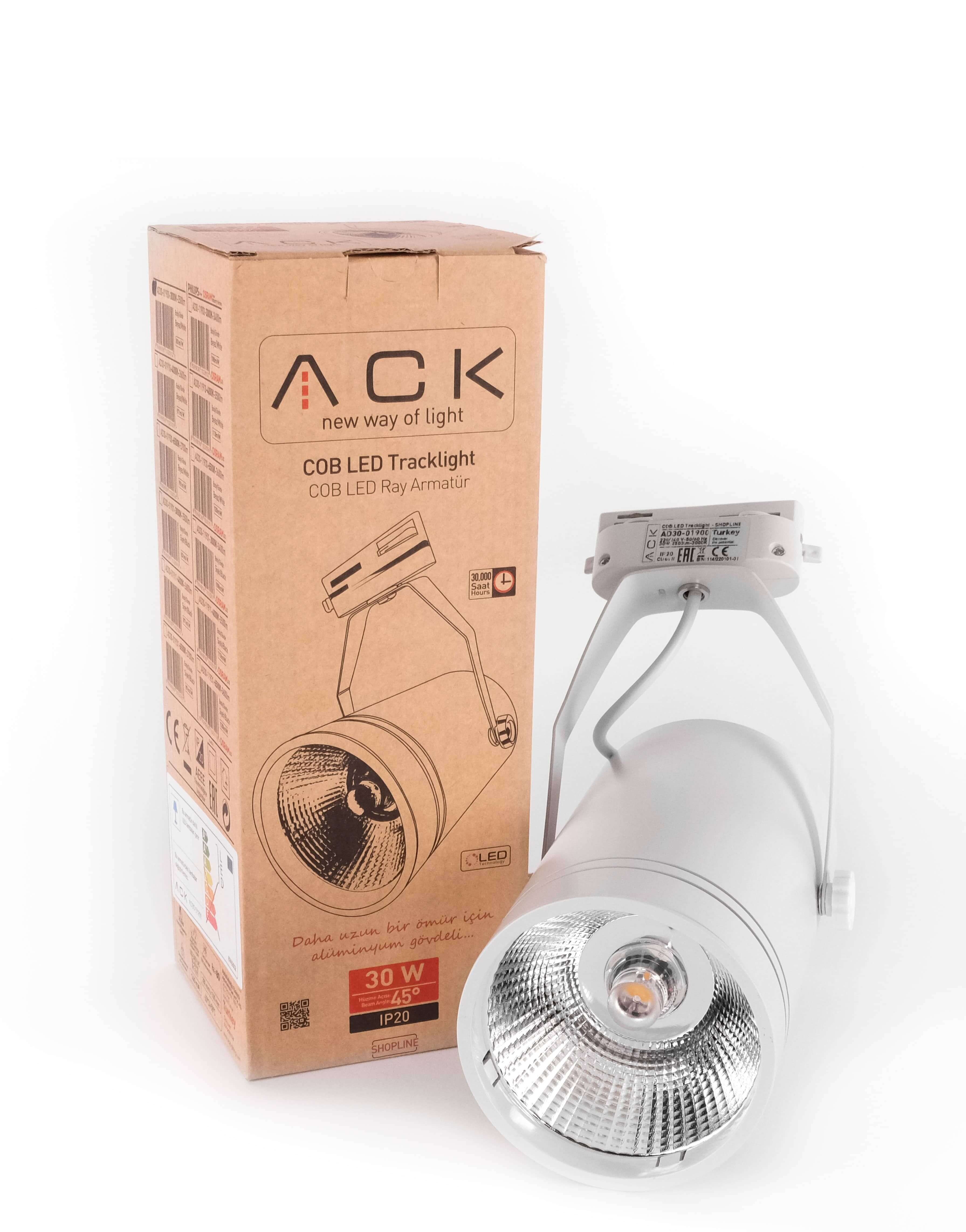 ACK 30W Beyaz 3000K Cob Led Monofaze Ray Armatürü AD30-01900