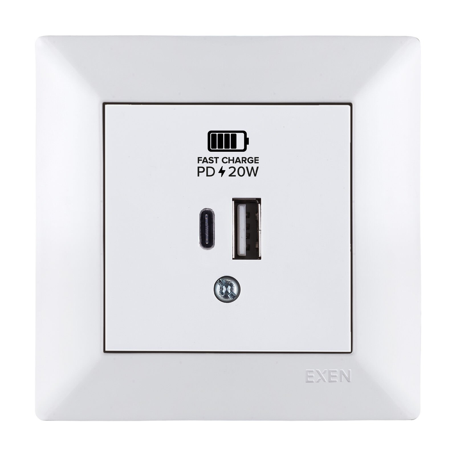 Exen Odak Beyaz 2X Usb Sarj Prizi Type-C + Type-A Komple Takim