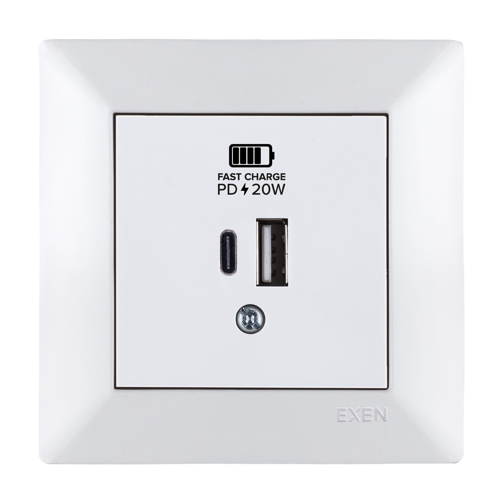 Exen Odak Beyaz 2X Usb Sarj Prizi Type-C + Type-A Komple Takim