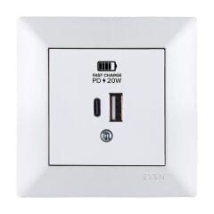 Exen Odak Beyaz 2X Usb Sarj Prizi Type-C + Type-A Komple Takim