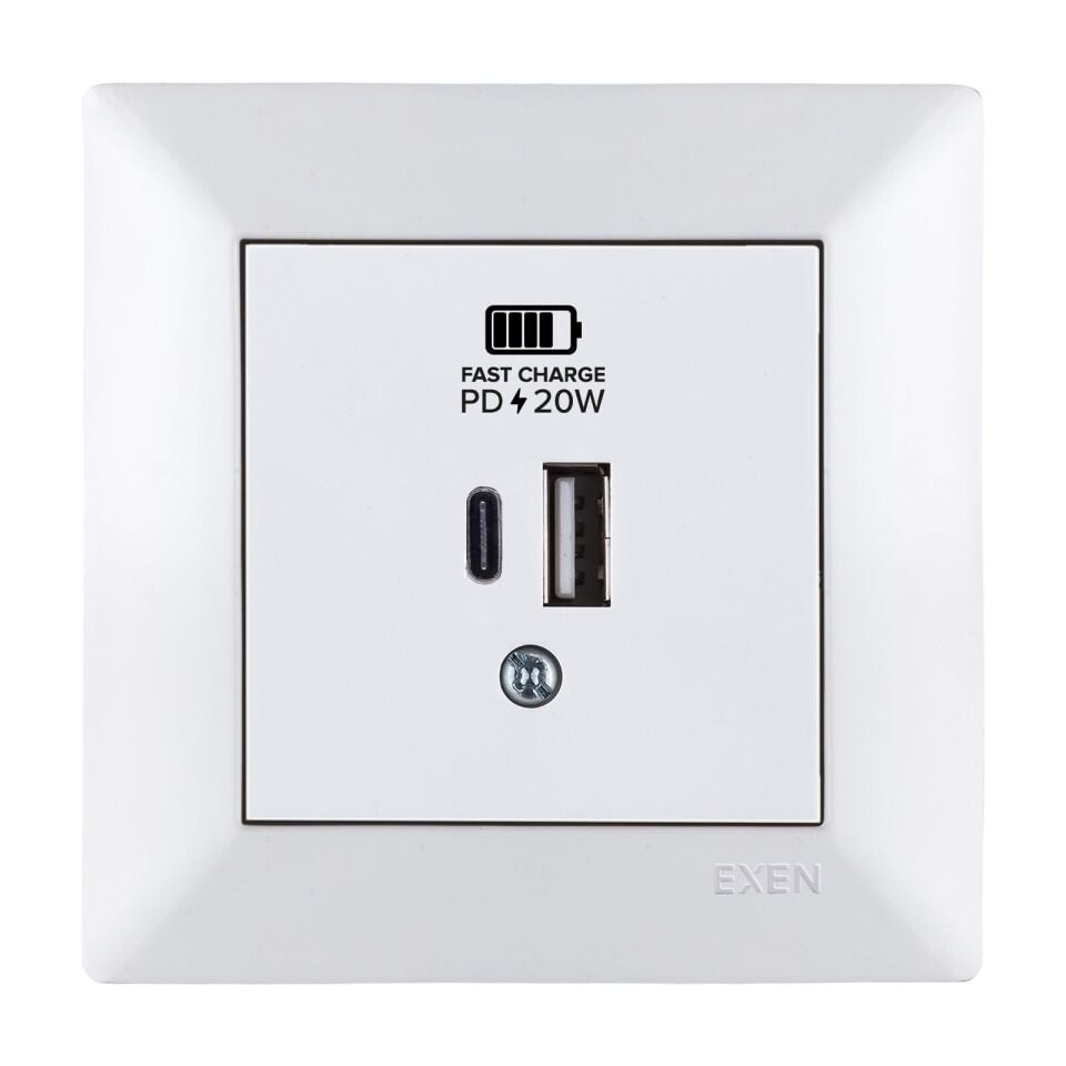 Exen Odak Beyaz 2X Usb Sarj Prizi Type-C + Type-A Komple Takim