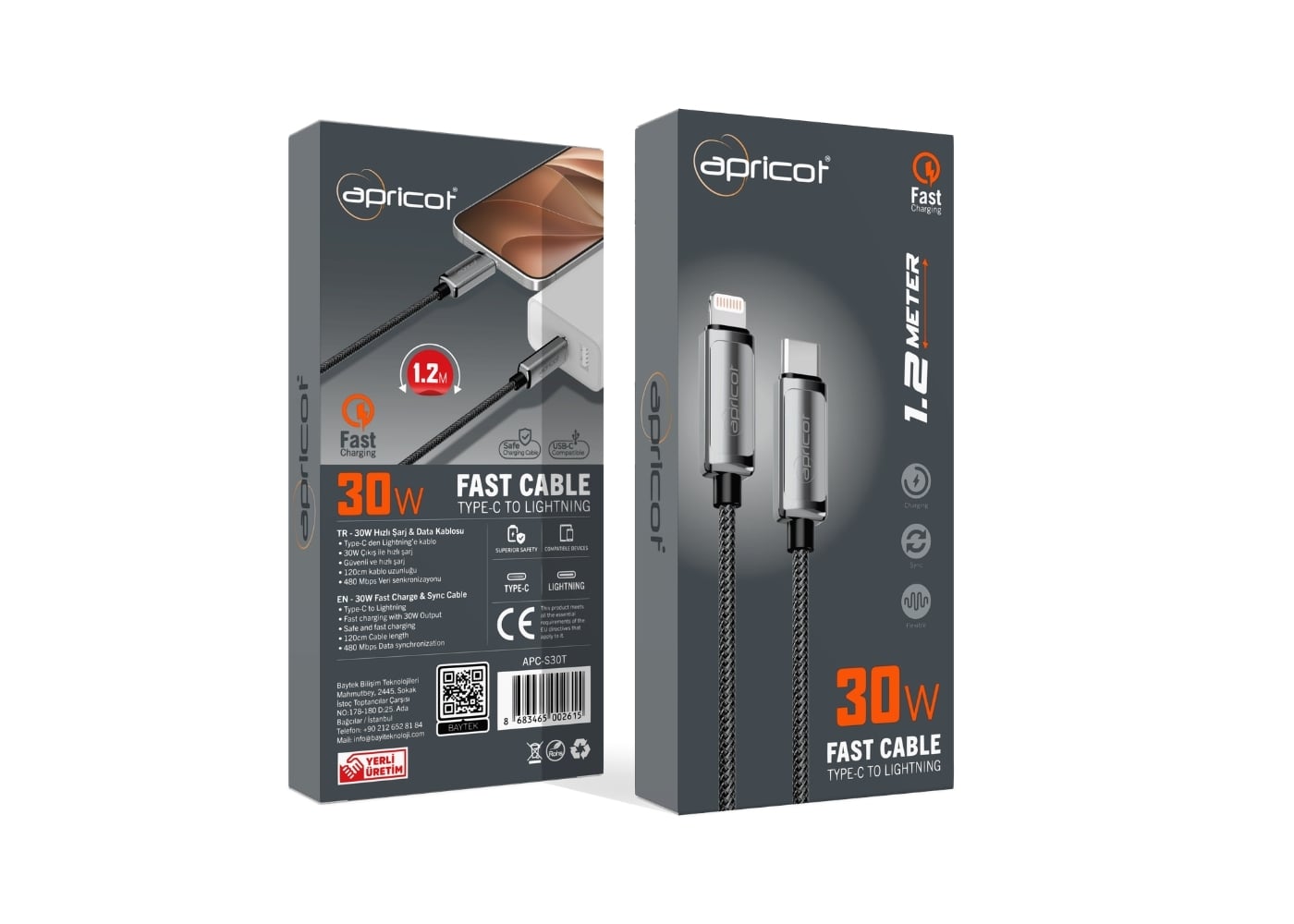 APRICOT APC-S30L PD 1,2 Metre Type-C To Lightning 30W QuickCharge Siyah Örgülü Hizli Sarj Kablosu