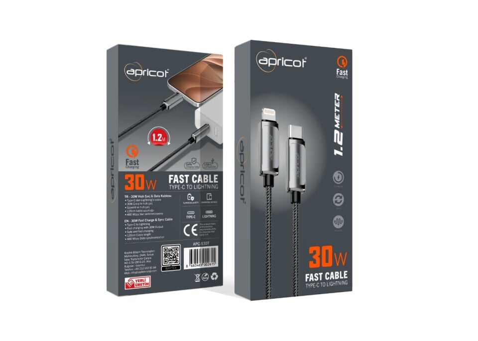APRICOT APC-S30L PD 1,2 Metre Type-C To Lightning 30W QuickCharge Siyah Örgülü Hizli Sarj Kablosu