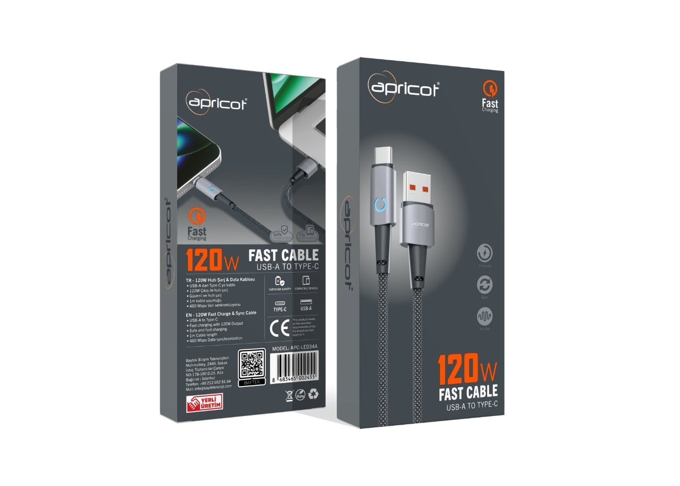 Apricot APC-LED34A USB to Type-C 3.4A LED Göstergeli Hizli Sarj + Data Kablosu