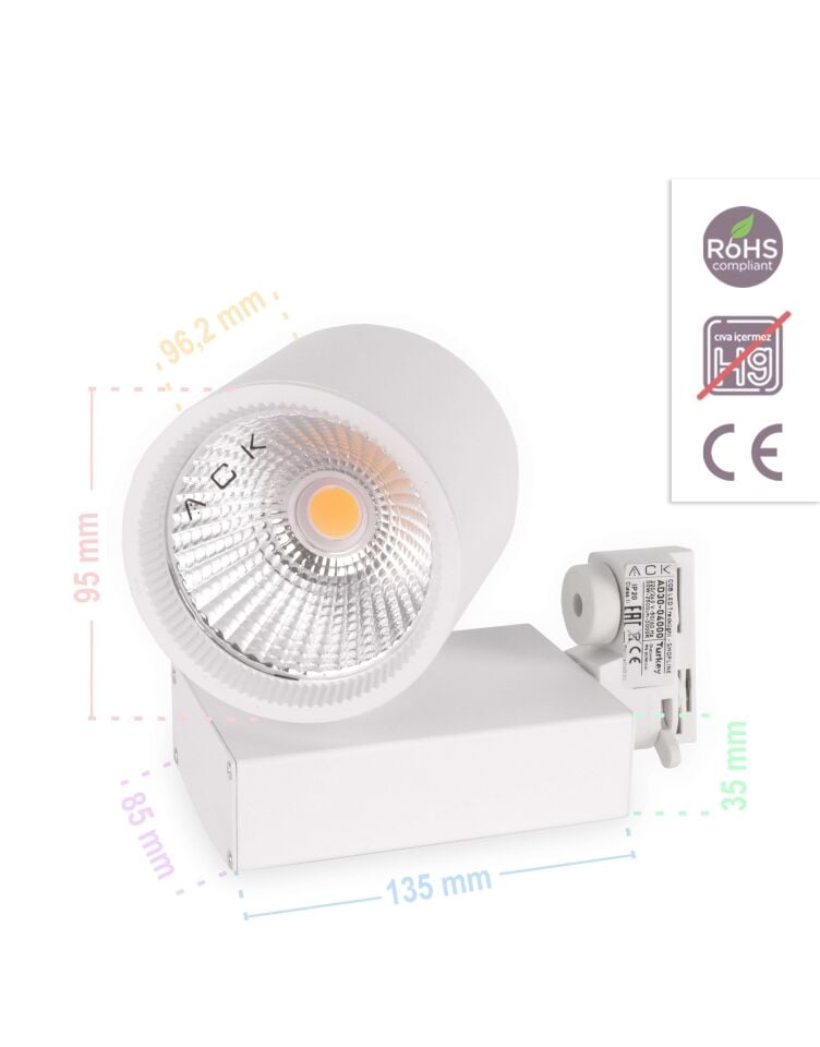 ACK 30W Beyaz 3000K Cob Led Monofaze Ray Armatürü AD30-04000