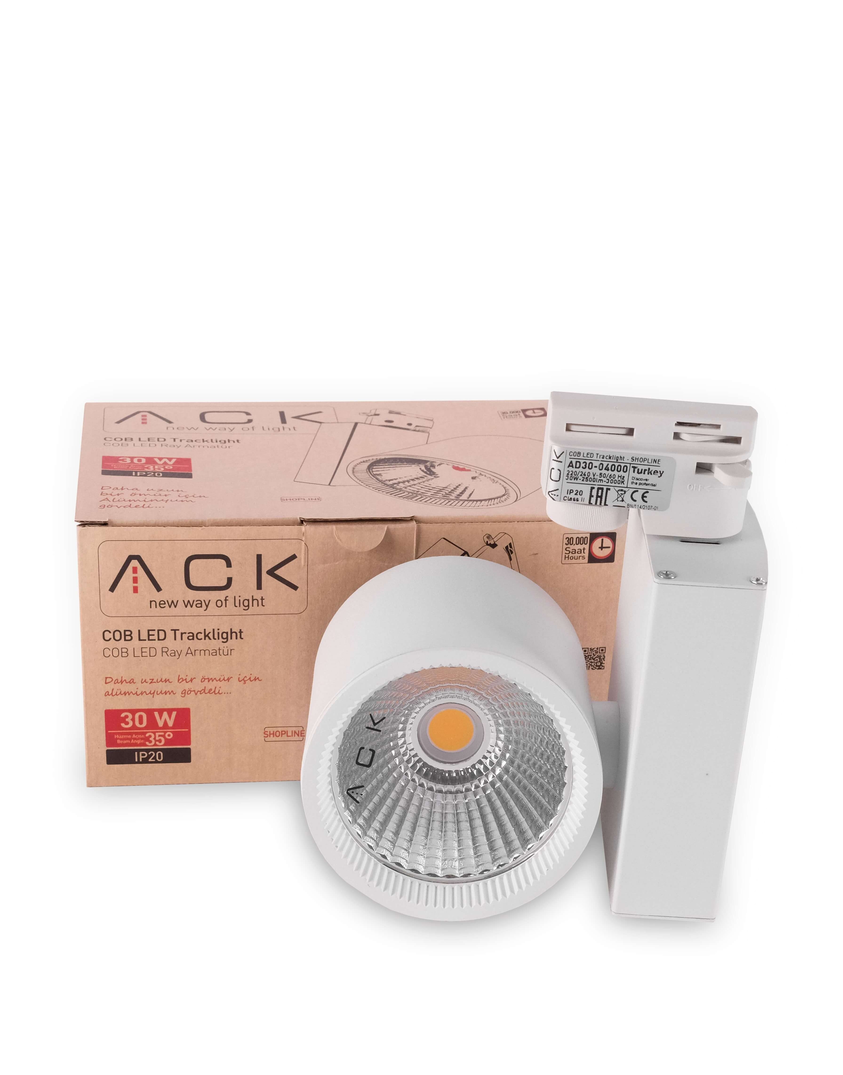 ACK 30W Beyaz 3000K Cob Led Monofaze Ray Armatürü AD30-04000
