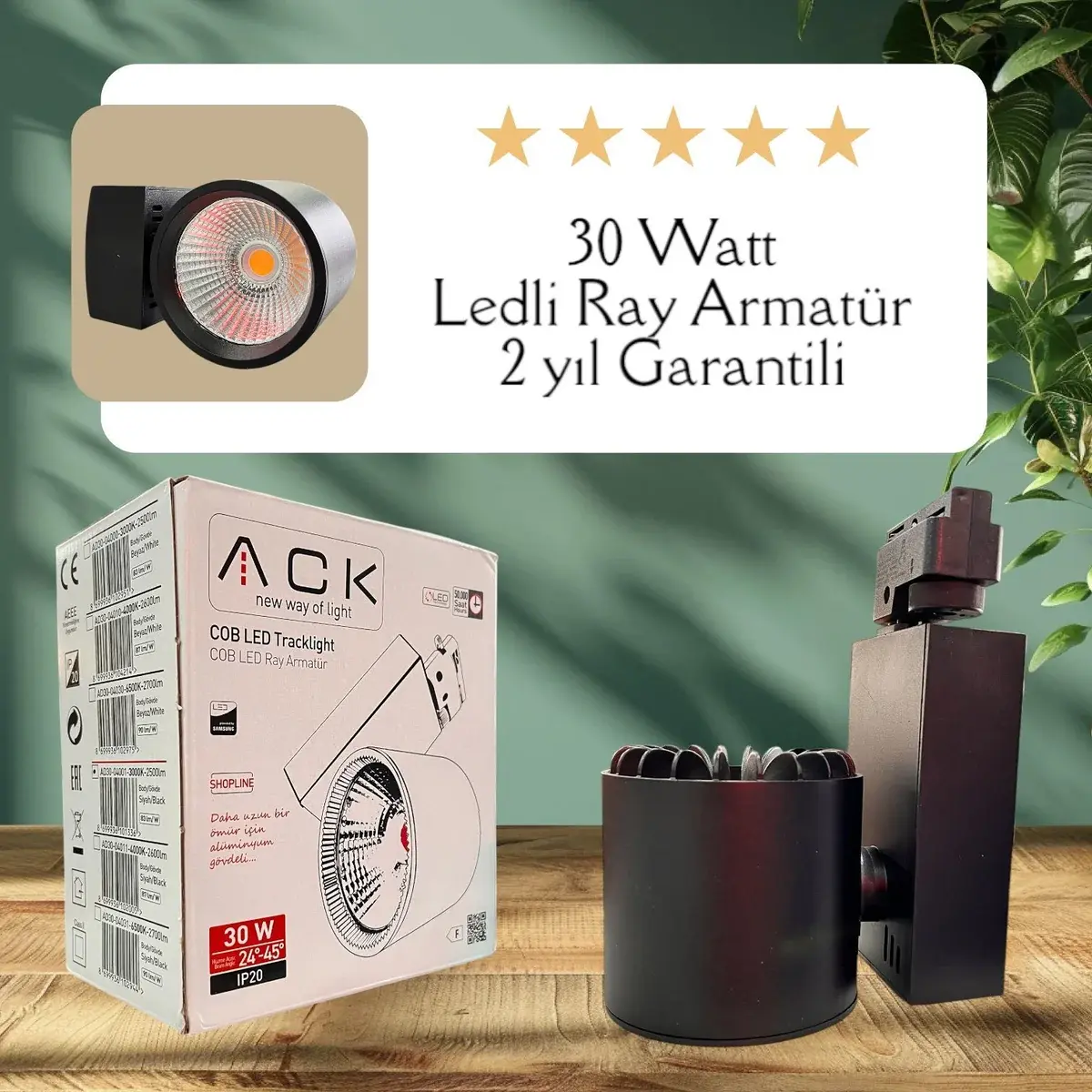 ACK 30W Sıyah 3000K Cob Led Monofaze Ray Armatürü AD30-04001