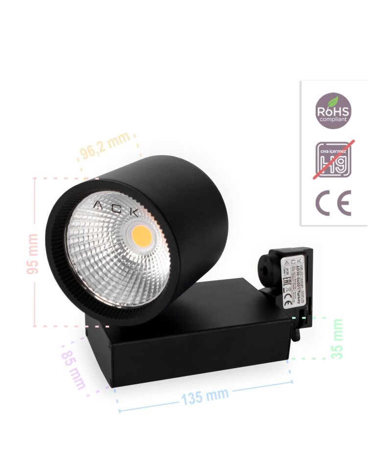 ACK 30W Sıyah 3000K Cob Led Monofaze Ray Armatürü AD30-04001