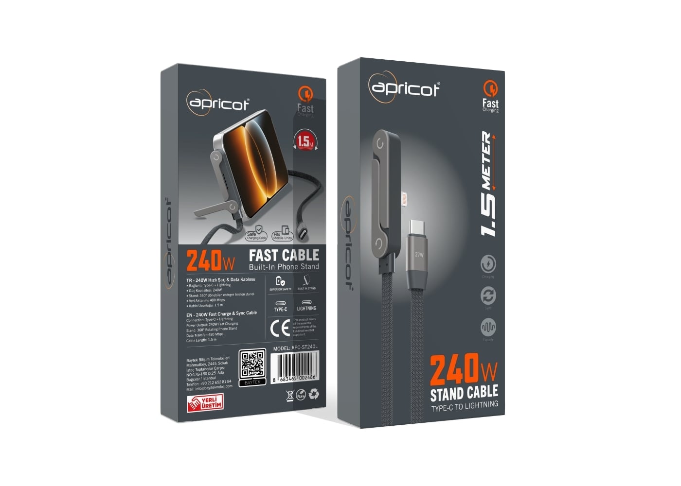 Apricot APC-ST240L Telefon Standli Type-C to Lightning 240W Hizli Sarj + Data Kablosu