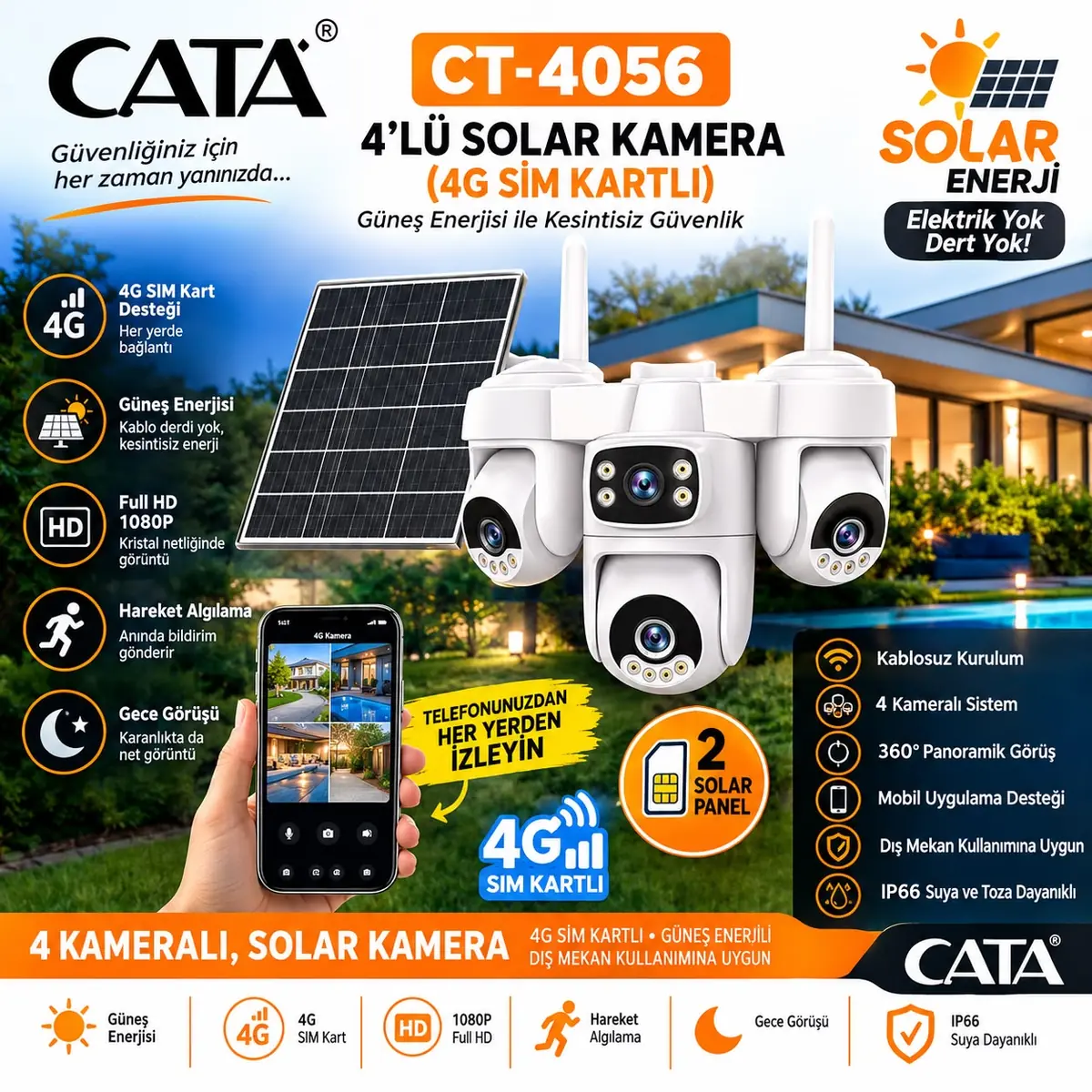 Cata Solar Wifi Dis Mekan Kamera - 4 Kamerali  Sim Kartli Ct-4056 (CT-4056) - Görsel 1