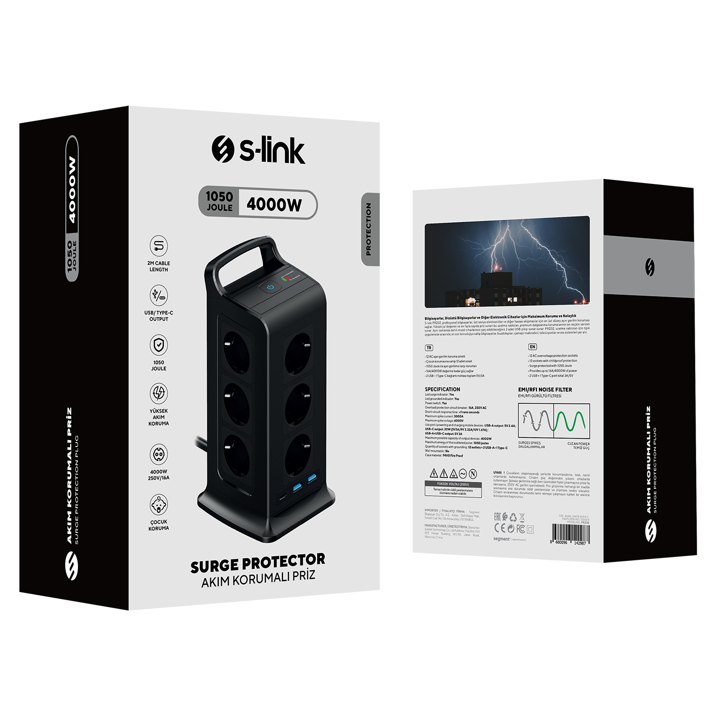S-Link Prz02 Akim Koruma Grup Priz Voltbar 12 Soketli 2*Usb+Type-C Pd Hizli Sarjli 2M 1050 Joule Tam Bakir Kablolu Kule Akim Koruma Grup Priz Sl-Prz02 S-Link Prz02 Akim Koruma Grup Priz Voltbar 12 Soketli 2*Usb+Type-C Pd Hizli Sarjli 2M 1050 Joule Tam Bakir Kablolu Kule Akim Koruma Grup Priz (Sl-Prz02) - Görsel 4