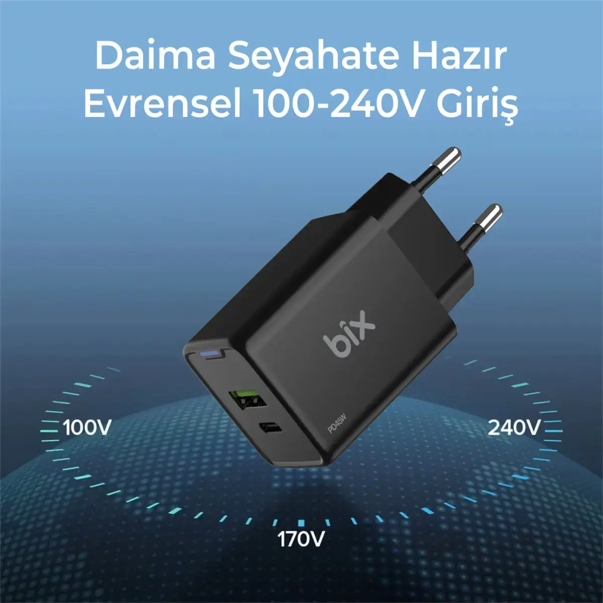 Bix Akım Korumalı Hızlı Şarj Cihazı Siyah BX2P46G GaN PD 45W Type-C ve USB-A QC 18W Çift Portlu (BX2P46G) - Görsel 4