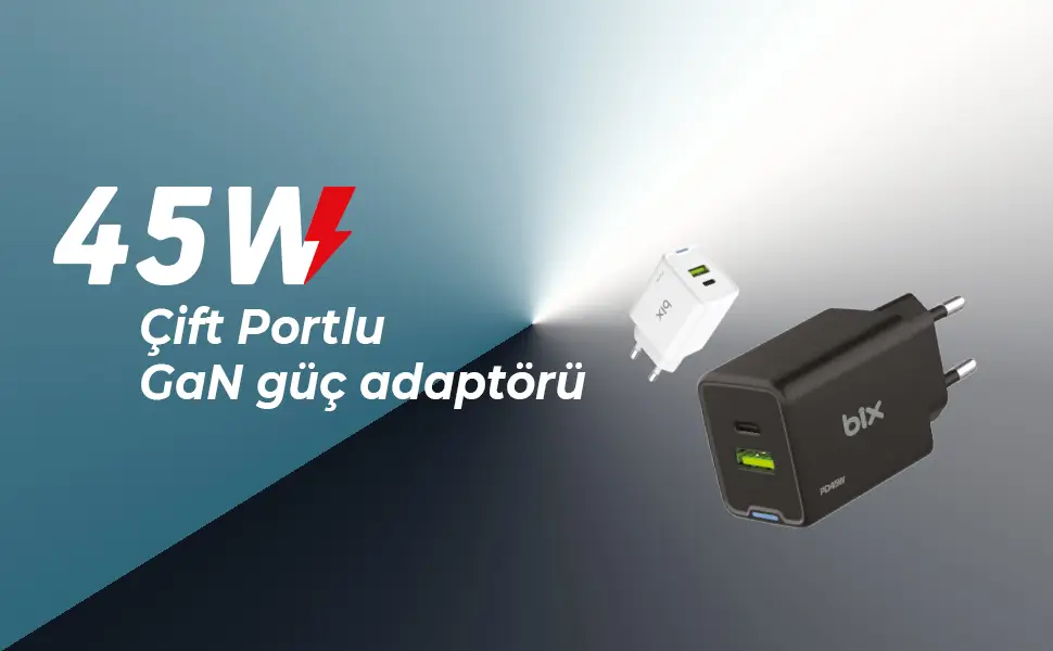 Bix Akım Korumalı Hızlı Şarj Cihazı Siyah BX2P46G GaN PD 45W Type-C ve USB-A QC 18W Çift Portlu (BX2P46G) - Görsel 5